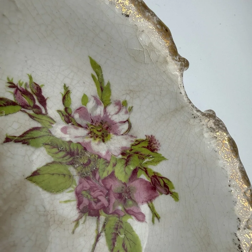 Vintage Dresden China‎ Thistle Floral Transferware Serving Bowl Dish Stain Decor